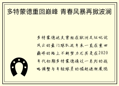 多特蒙德重回巅峰 青春风暴再掀波澜
