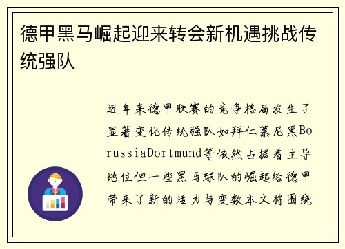 德甲黑马崛起迎来转会新机遇挑战传统强队